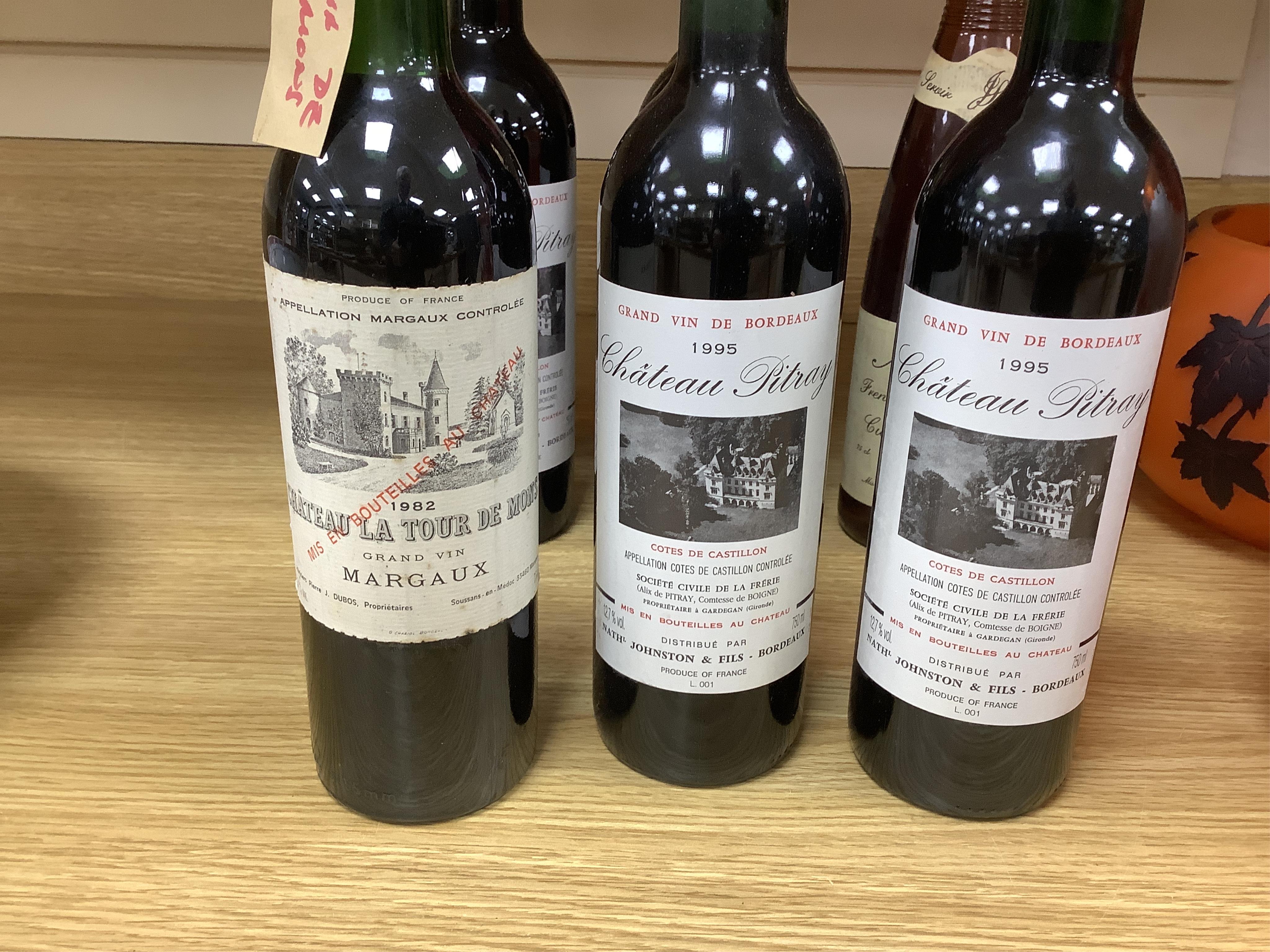 Eleven bottles of wine to include six bottles of Chateau Pitray 1995, a bottle of Chateau La Lagune Haut Medoc 1973, a bottle of Chateau La Tour De Mons Grand Vin Margaux 1982, a bottle of Chateau Loupiac Gaudiet Loupiac